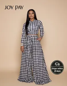 JOYPAY Women's Houndstooth Two-Piece Set Long Sleeve Crop Top & High-Waisted Wide-Leg Pants Outfit Casual Timeless Print Fitted & Flowy Design