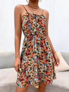 A women's elegant fashion printed Casual Floral sleeveless pullover dress with elastic waist and spaghetti straps, suitable for summer, vacation, daily street wear, and home use, Casual