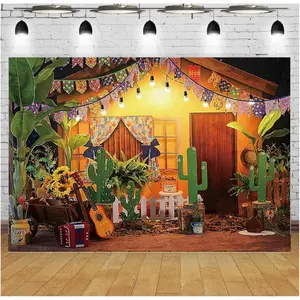 Photography Backgrounds Mexican Carnival Houses Outdoor  Cactus Guitar Flag 's Birthday Party Portrait Decoration Backdrop Vinyl (5ftx3ft)