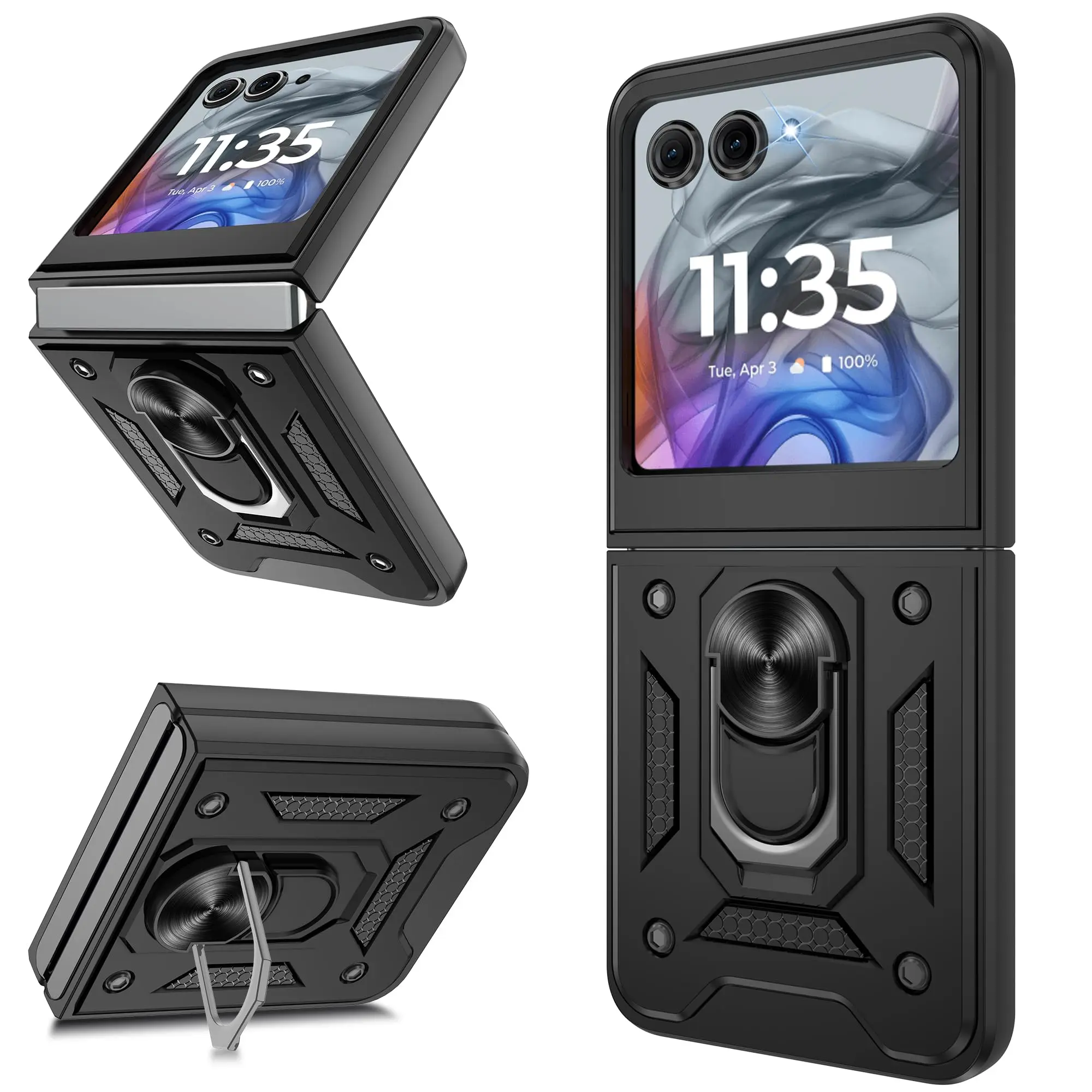 Rugged Dual Layer Cover for Motorola Razr 2024/2025 (Not for Plus), Shockproof Military Protection Case with an Adjustable Metal Ring Kickstand, Smartphone, Portable