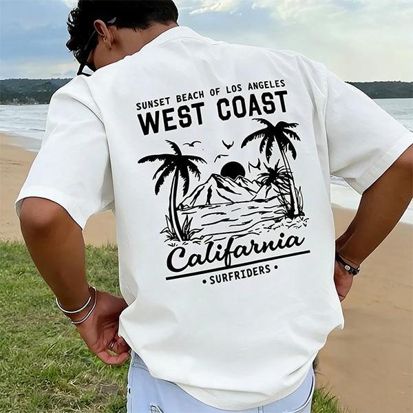 Mens Loose Fit Heavyweight Cotton T-Shirt – West Coast California Los Angeles Sunset Beach Surfer Theme Graphic Tee, Retro Palm Tree & Mountain Sea Pattern, Black & Gold Color Block Design, Beach Vacation Streetwear Shirt.