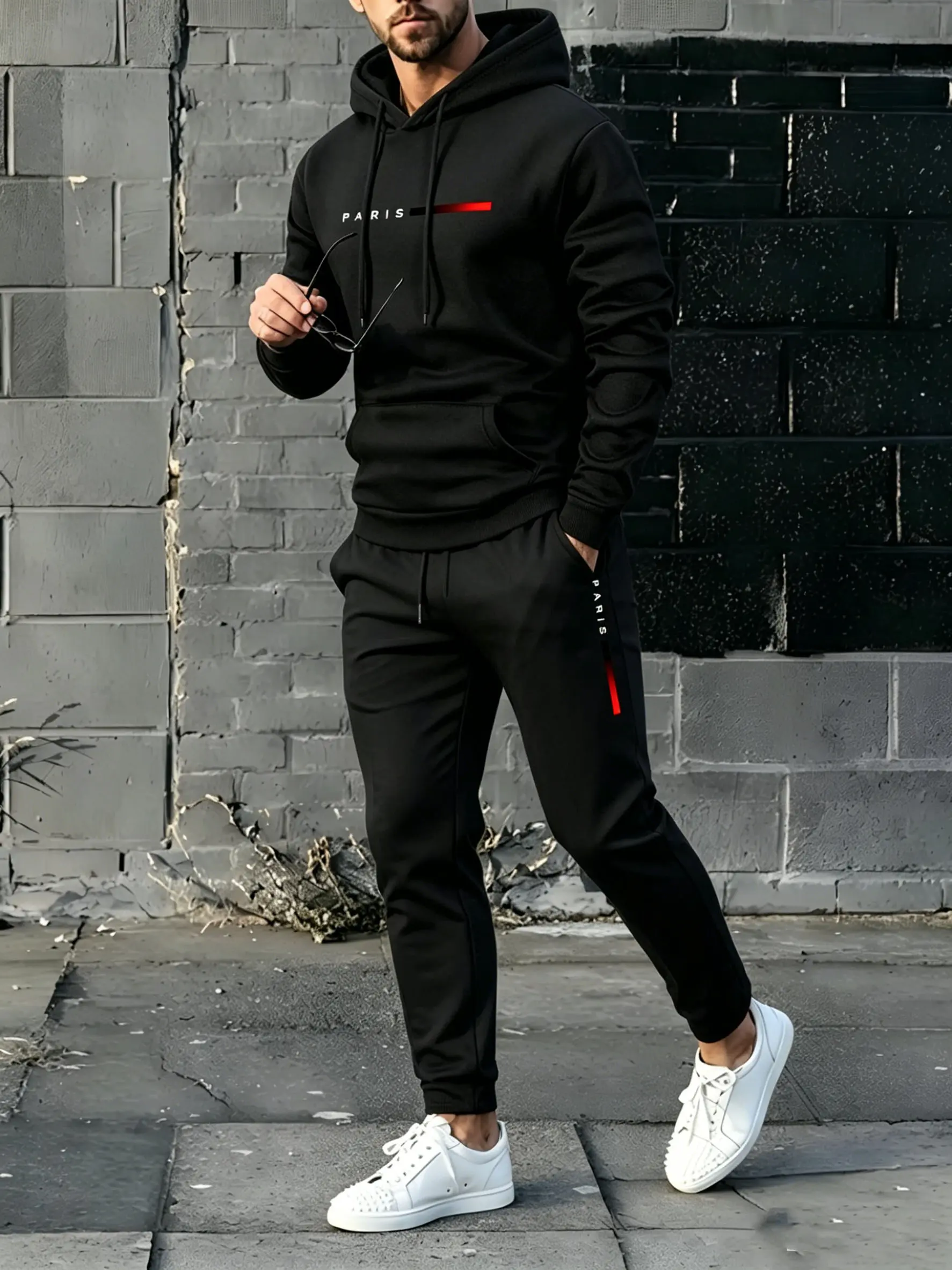 Men's 2-Piece Casual Long Sleeve Paris Letter Printed Hoodie & Drawstring Sweatpants Set, Polyester Menswear Clothes, Father's Day Gift, Sport Soft Fabric