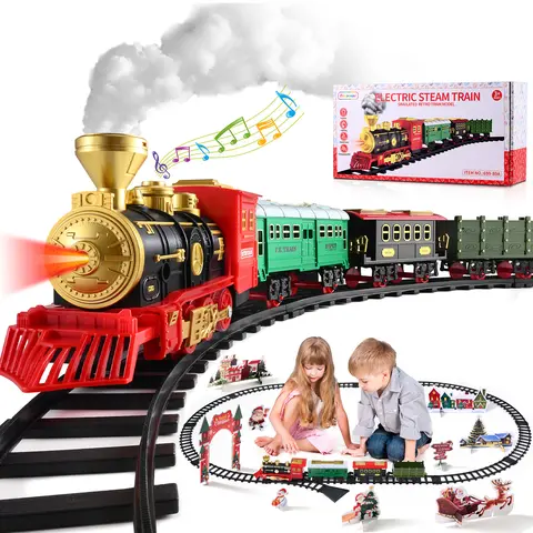 Unisex Rechargeable Plastic Electric Train Track Set for 3-4 Years - Retro Classic Locomotive Engine, Cargo Car, Long Track, Smoke, Lights & Sounds - Kids' Holiday Gifts (Christmas, Birthday, Boys' Christmas Inclusions), Christmas Gifts