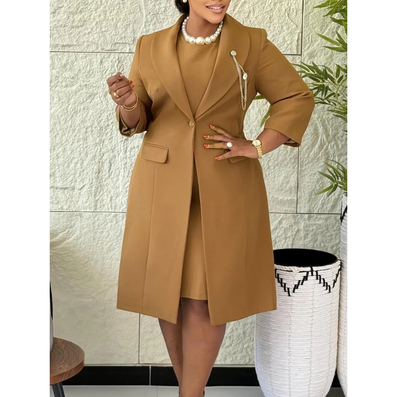 Plus Size 2-Piece Elegant Business Dress, Solid Stretch Slim Fit Blazer Set with Pearl Accent for Lady Office Wear, Elegance, Xxxl, Office Ootd, S