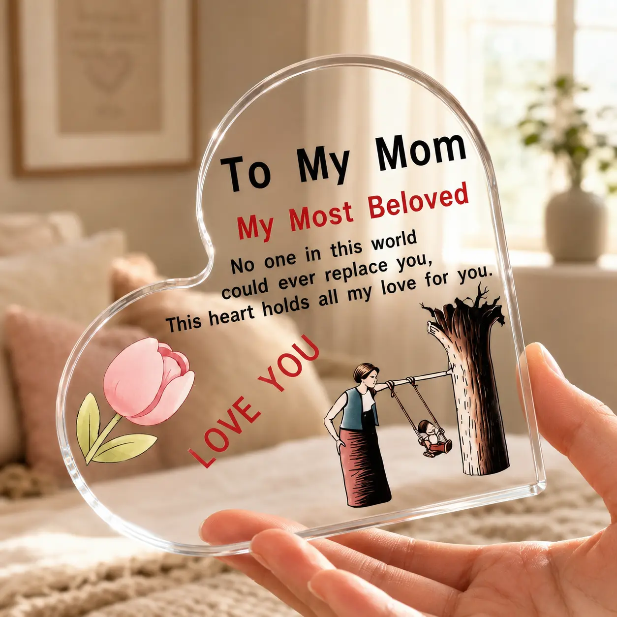 To My Mom 4-Inch Clear Acrylic Heart Plaque - Sentimental Gift for Mom, Freestanding Mother Keepsake, Mother's Day Birthday Christmas Present, Love Appreciation Souvenir, Home Office Desk Shelf Bedroom Decor Ornament