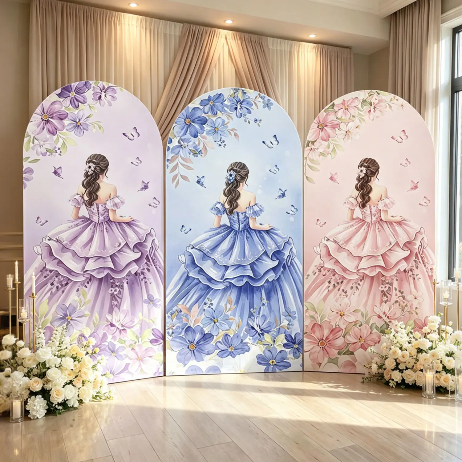 6.56FT Spandex Fitted Round Top Chiara Arch Backdrop Cover Cloth Banner, Double-Sided Watercolor Floral Butterfly Princess Fabric (Blush Pink, Navy Blue, Lavender Purple) for Girls' Birthday, Wedding Decor, Banners