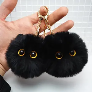2pcs Black Cat Keychain Gifts for Cat Lovers, Cute Plush Backpack Charms for Girls, Pom Pom Car Plush Keychains, Accessories for Handbags, Backpacks and Wallets, Gifts for Women