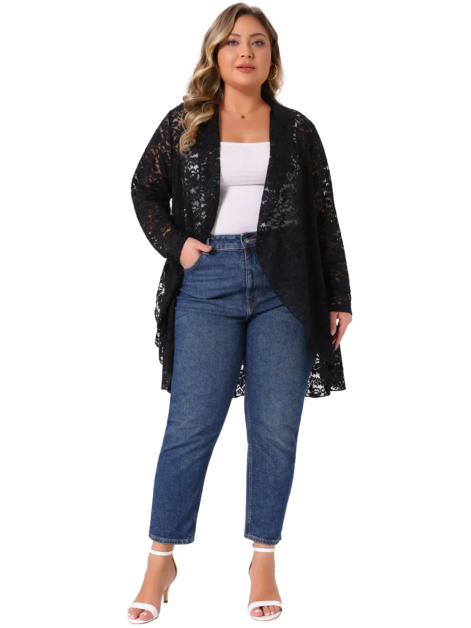 Agnes Orinda Women's Plus Size Lace Cardigan Ruffle Cardigans Open Front Long Sleeve Sheer Lace Crochet Cover Up