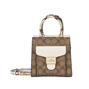 COACH Pepper 17 Classic Monogram Snake-Embossed Handle Tote Bag for Women, Canvas and Leather, Sheet Music Style, Khaki