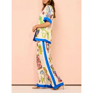 Women's Casual Two-Piece Set, Bohemian Style Short Sleeve Button Shirt, Beach Pants, Sleepwear Set, Comfortable and Stylish, Loungewear