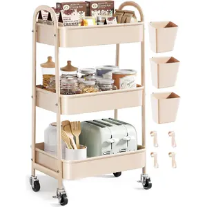 Beige 3-Tier Rolling Metal Cart on Wheels, 3-Tiered Storage Organizer Utility Trolley for Art Craft Baby Diaper Caddy Snack Book Nail Lash Cleaning Supplies, Perfect for Kitchen Bathroom