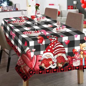 Valentine's Day Gnome Tablecloth, Rectangular Polyester Table Cover, Buffalo Plaid Design for Dining & Parties, No Power Needed