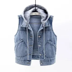 Sleeveless Jeans Jacket Women Korean Fashion Hooded Vests Jean Short Waistcoat Large Size Cotton Zipper Denim Vest Female Can be used with raincoat
