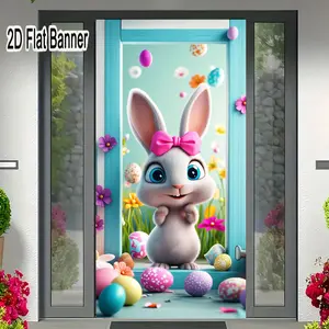 2D flat banner, 1pcCute Cartoon Gray Rabbit Easter Backdrop, Colorful Eggs & Flowers Easter Decorations, Festive Easter Party Banner Backgroundgalentines party decor, valentine day decor, decorations for valentines day
