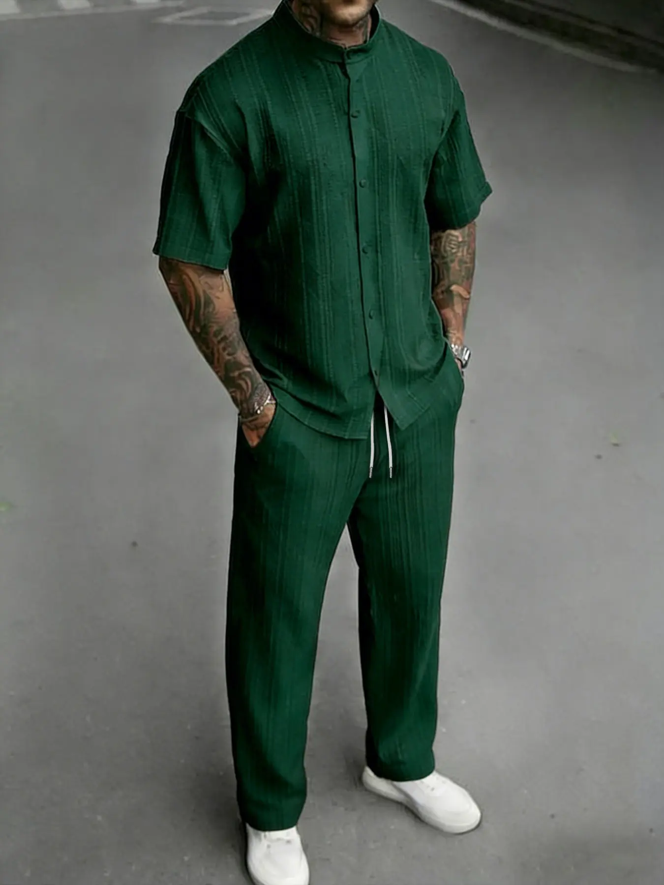 Men's Shirt Long Pants Trouser Set, Loose Short Sleeve Button-Up Shirt with Elastic Waist Pants, Plain Minimalist Summer, All-Season Wear, Casual Outfit, Casual Style Set, Menswear