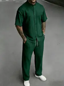 Men's Shirt Long Pants Trouser Set, Loose Short Sleeve Button-Up Shirt with Elastic Waist Pants, Minimalist Summer, All-Season Wear, Casual Outfit