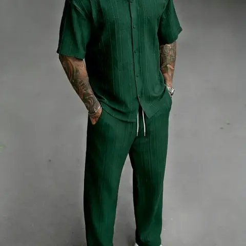 Men's Shirt Long Pants Trouser Set, Loose Short Sleeve Button-Up Shirt with Elastic Waist Pants, Plain Minimalist Summer, All-Season Wear, Casual Outfit, Casual Style Set, Menswear
