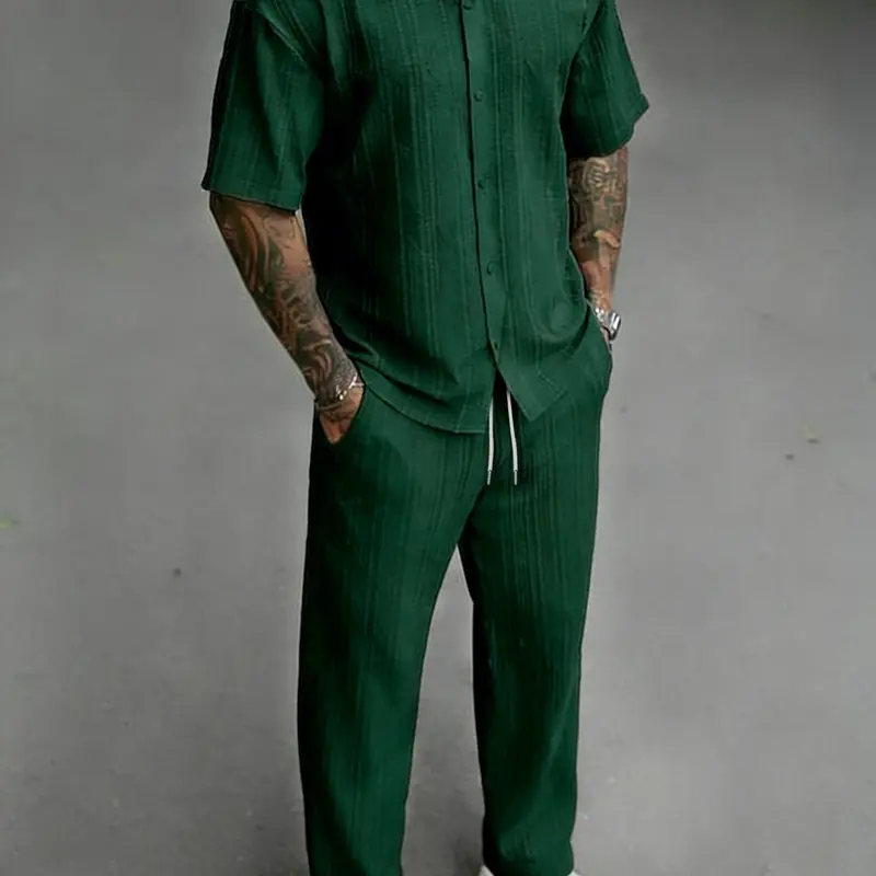 Men's Shirt Long Pants Trouser Set, Loose Short Sleeve Button-Up Shirt with Elastic Waist Pants, Plain Minimalist Summer, All-Season Wear, Casual Outfit, Casual Style Set, Menswear