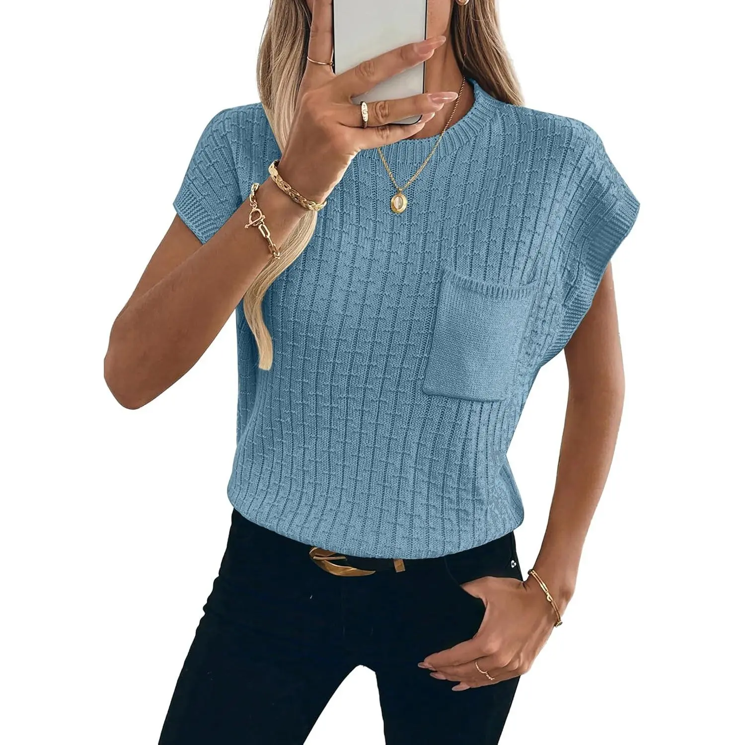 Womens Short Sleeve Sweaters Summer Cap Sleeve Tops Casual Crewneck Oversized Lightweight Knit Sweater Vest