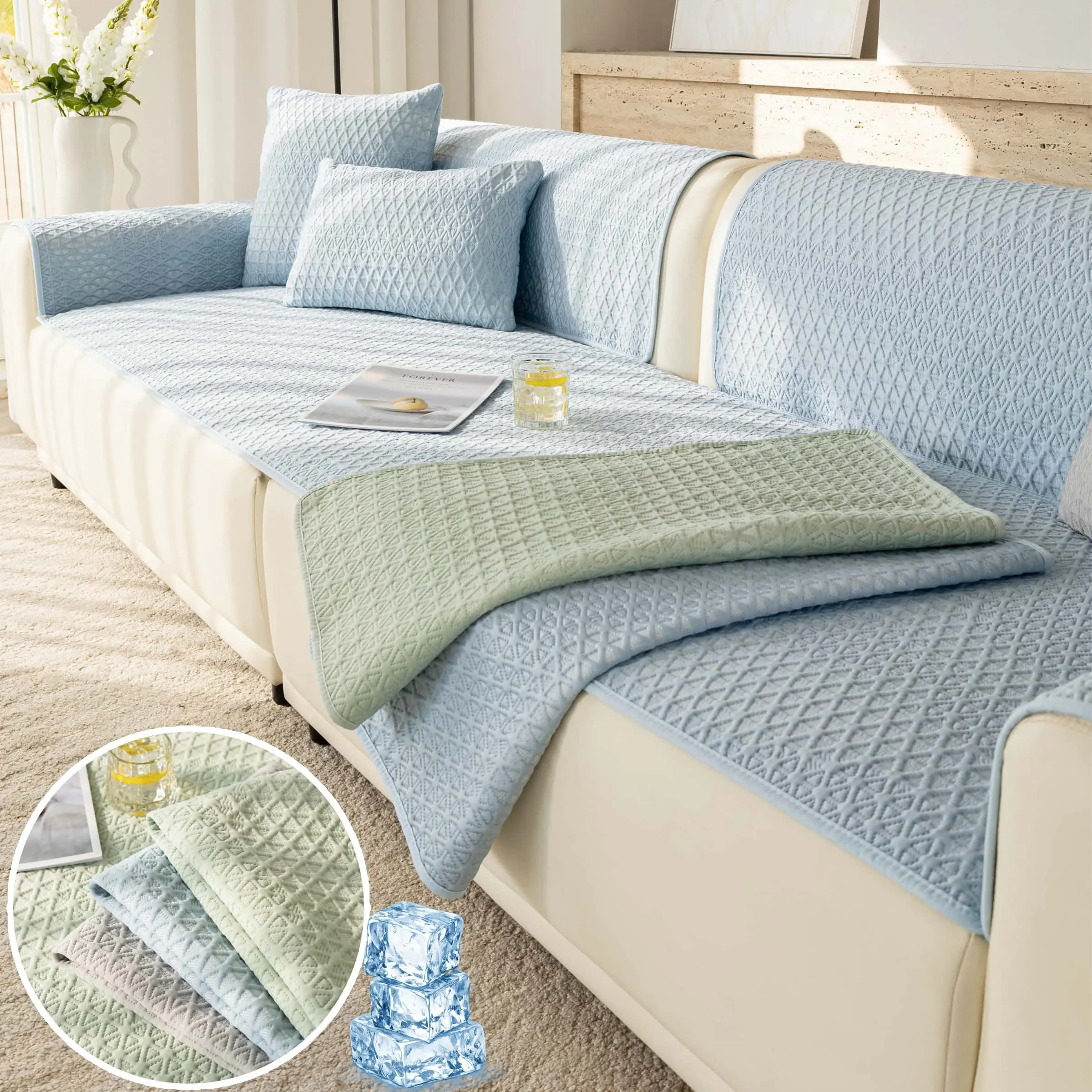 Cooling Sofa Cover for Summer, Pet-Friendly Couch Protector, Non Slip Couch Protector, Soft Breathable Furniture Seat Pad, Multiple Colours Available for Sectional, Loveseat & 3-Seater Sofa, Dustproof Sofa Cover, Removable Sofa Cover, Washable Couch Cover