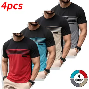 Men’s short-sleeve T-shirts, set of 4, striped patchwork design; casual everyday wear, comfortable breathable fabric, suitable for summer. Men's Summer Clothing