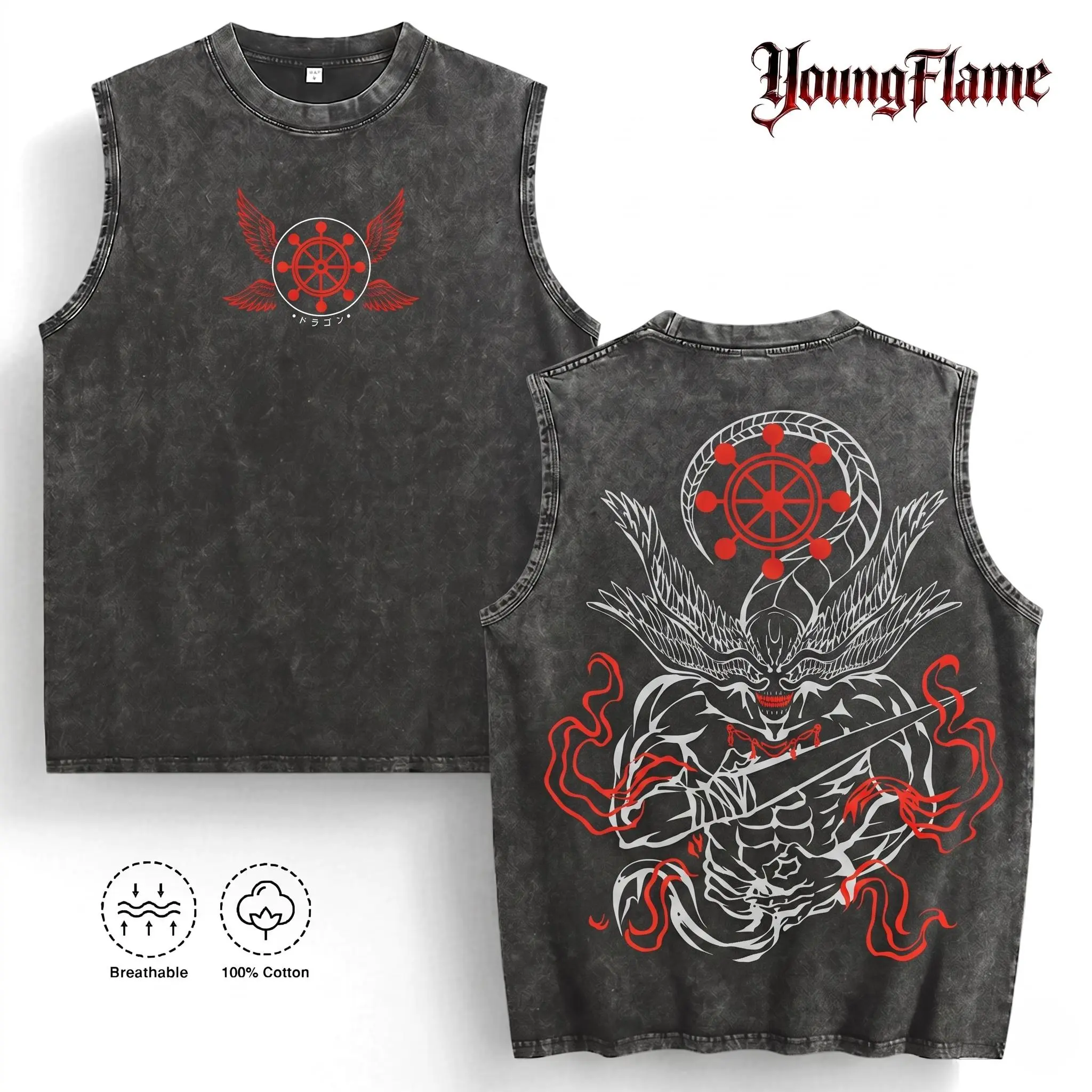Japanese Dark Demon Myth Sleeveless t shirts | Alt Anime streetwear | Y2K Acid Wash clothing | good graphic tees Geek gifts for him unisex casual streetwear top