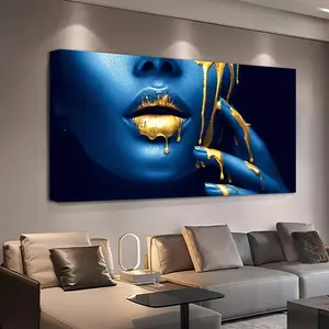 Modern Abstract African Woman Canvas Print - Bold Blue & Golden Wall Art Poster,Solid Pine Wood Frame, Mixed Colors, Perfect for Living Room, Bedroom, or Home Office Decor