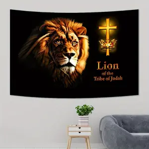 1pc Lion of the Tribe of Judah Tapestry - Majestic Lion Wall Art with Crown & Cross, 51x60inch, Soft Peach Skin Velvet, Perfect for Bedroom, Dorm, Home Decor, Indoor & Outdoor Spaces, Bohemian Style, Durable Polyester, Gender-Neutral Design