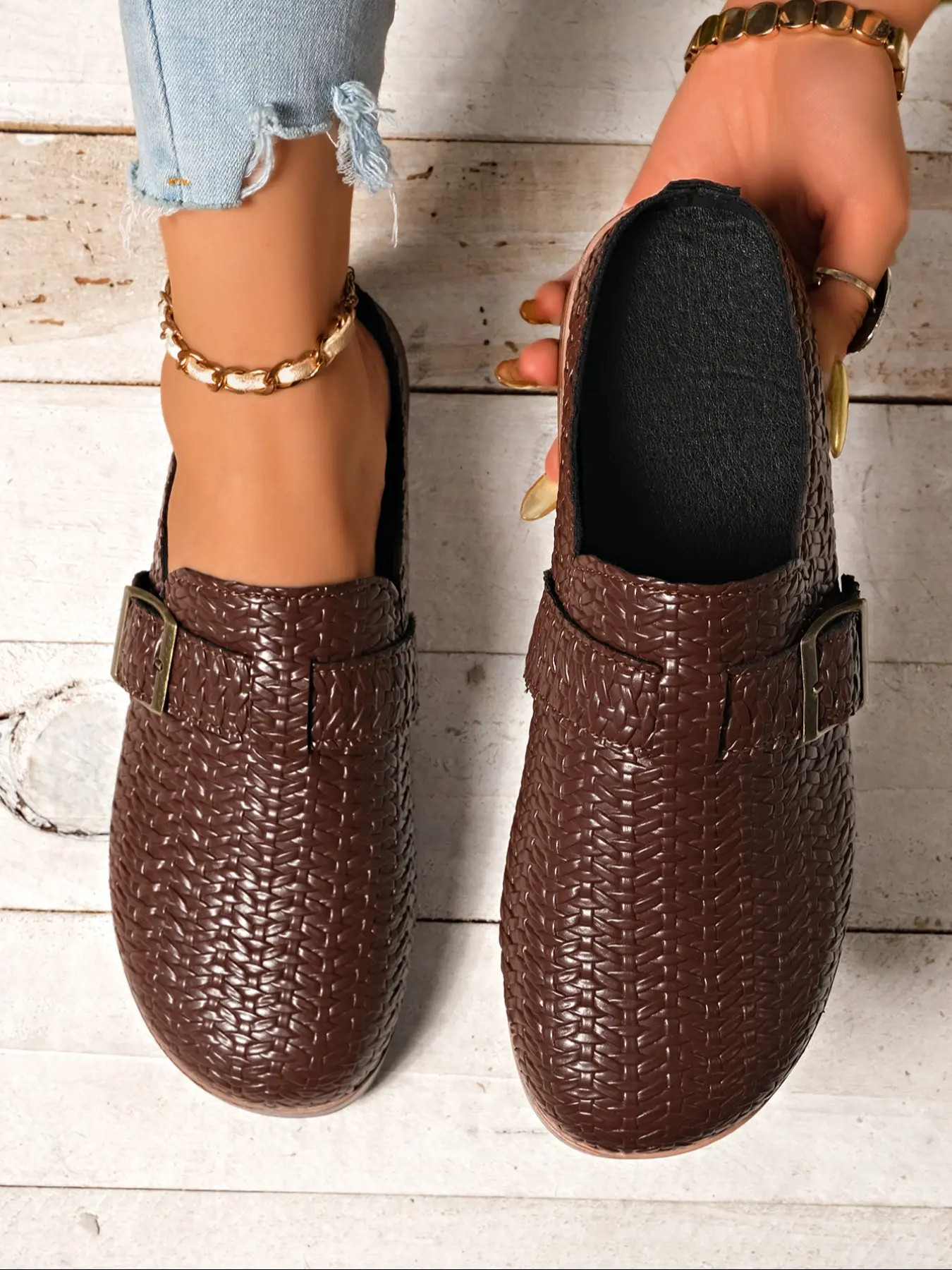 New Vintage Casual Woven Hollow Out Slip-On Half Slippers, Footwear, Pu Leather Mules, Slip On Mules, Lightweight Durable Rubber Sole, Suitable for Daily Wear