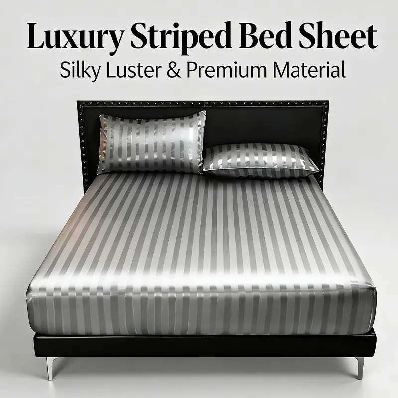 Luxury Striped Satin Bedding Set, King/queen Size, Stripe Soft Bed Sheets, Silky Bedding Sheets, Satin Fitted Sheet, Multiple Colors Available, Breathable Anti-Wrinkle