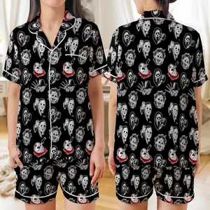 Michael Myers Ghostface Pajama Set – Satin Horror Sleepwear, Halloween Loungewear for Women