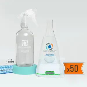 Force of Nature Super Saver Bundle Multi-Purpose Household Cleaner w/Glass Bottle, Disinfectant & Deodorizer Spray - Eco-Friendly, Toxin-Free, Natural Cleaning Supplies - Reusable Bottle, 50 Refills, 9 Reusable Cleaning Cloths, Kills Germs