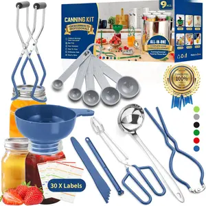 Canning Supplies Starter Kit,Canning Kit for Beginners of 9 with Jar Lifter,Wide Mouth Funnel,Wrench,Tongs,Lid Lifter,Bubble Popper,Canning Labels,ladle,Measuring Spoon-Blue