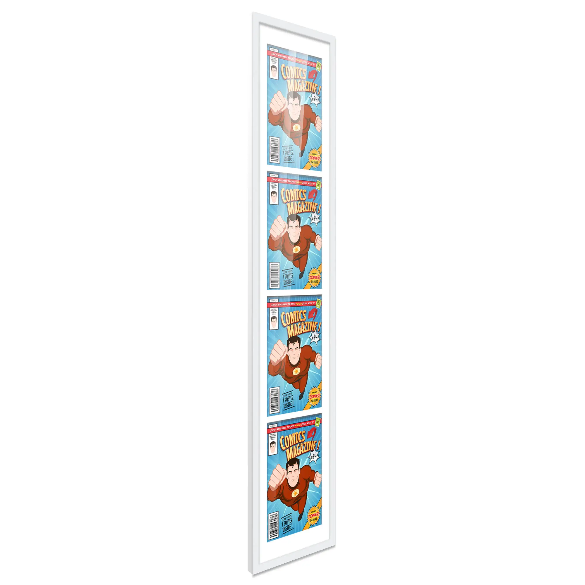 Comic Book Frame with Mat for 4 Bronze Age Comics Published Between 1970 and 1985 - White Wood Comic Frame With White Mat for 7.25x10.5 Comics - 11.25x47 Frame Size