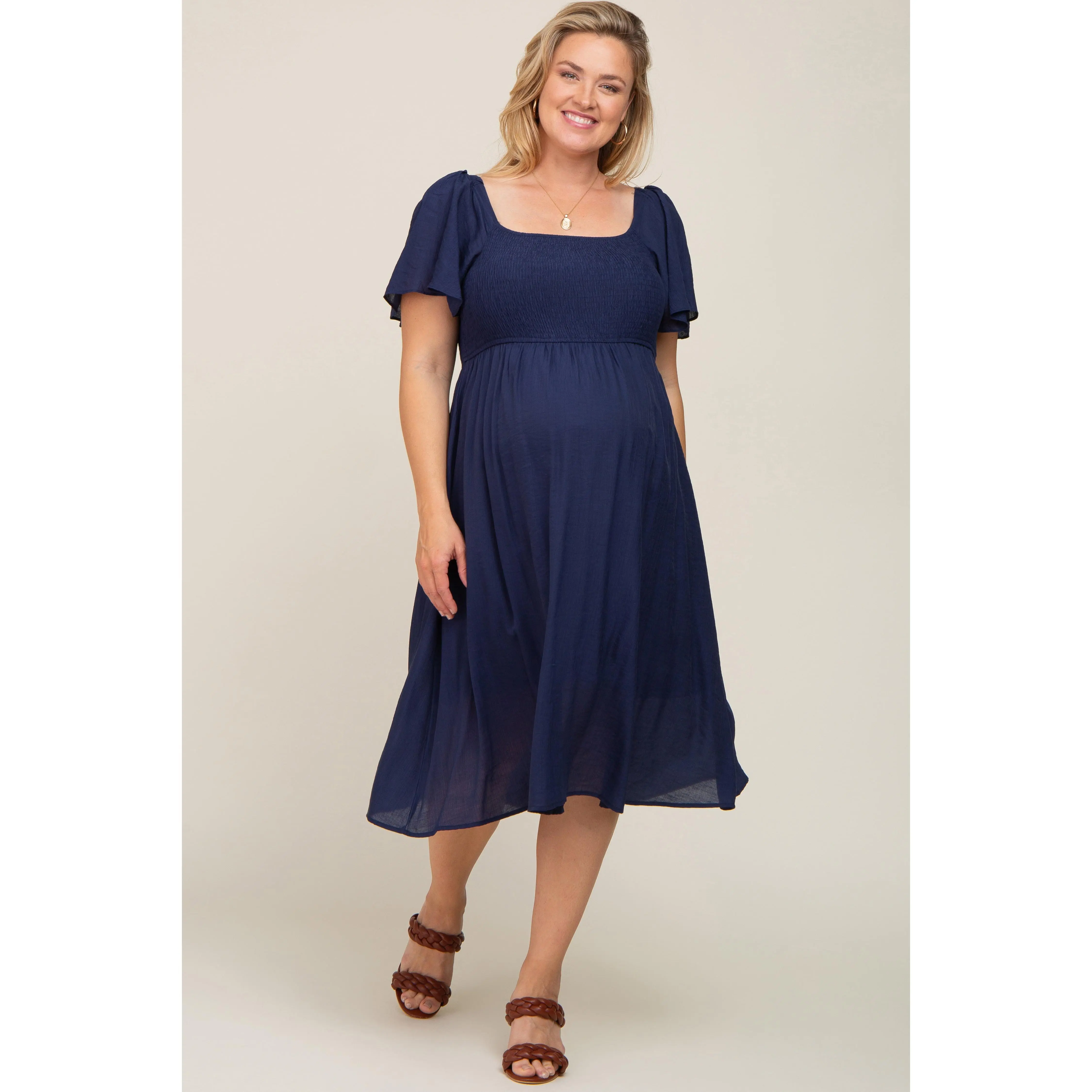Navy Blue Smocked Square Neck Flutter Short Sleeve Maternity Plus Midi Dress