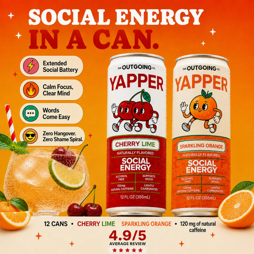 Yapper Social Energy Drink Ginseng Fizzy Drink | 12 Pack | Cherry Lime | Orange | Ready to Drink | Natural Energy | Natural Caffeine | Nootropic | Ginseng | Lions Mane Energy Stamina Boost
