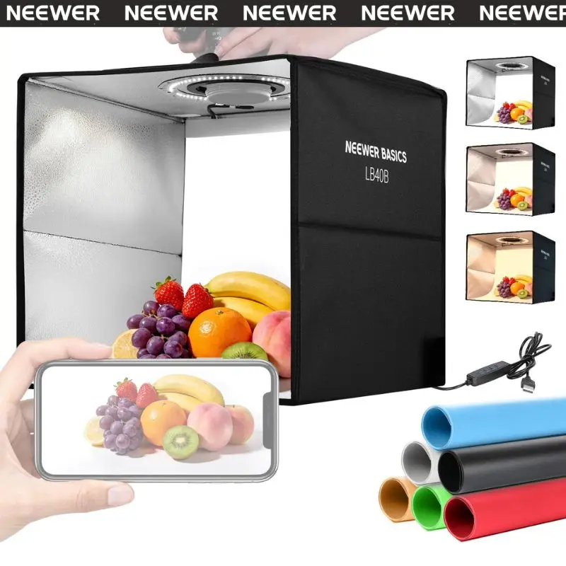 NEEWER LB30B/LB40B Photo Studio Light Box, Portable Photography Light Tent with LED Lighting & Backdrops for Product Photography