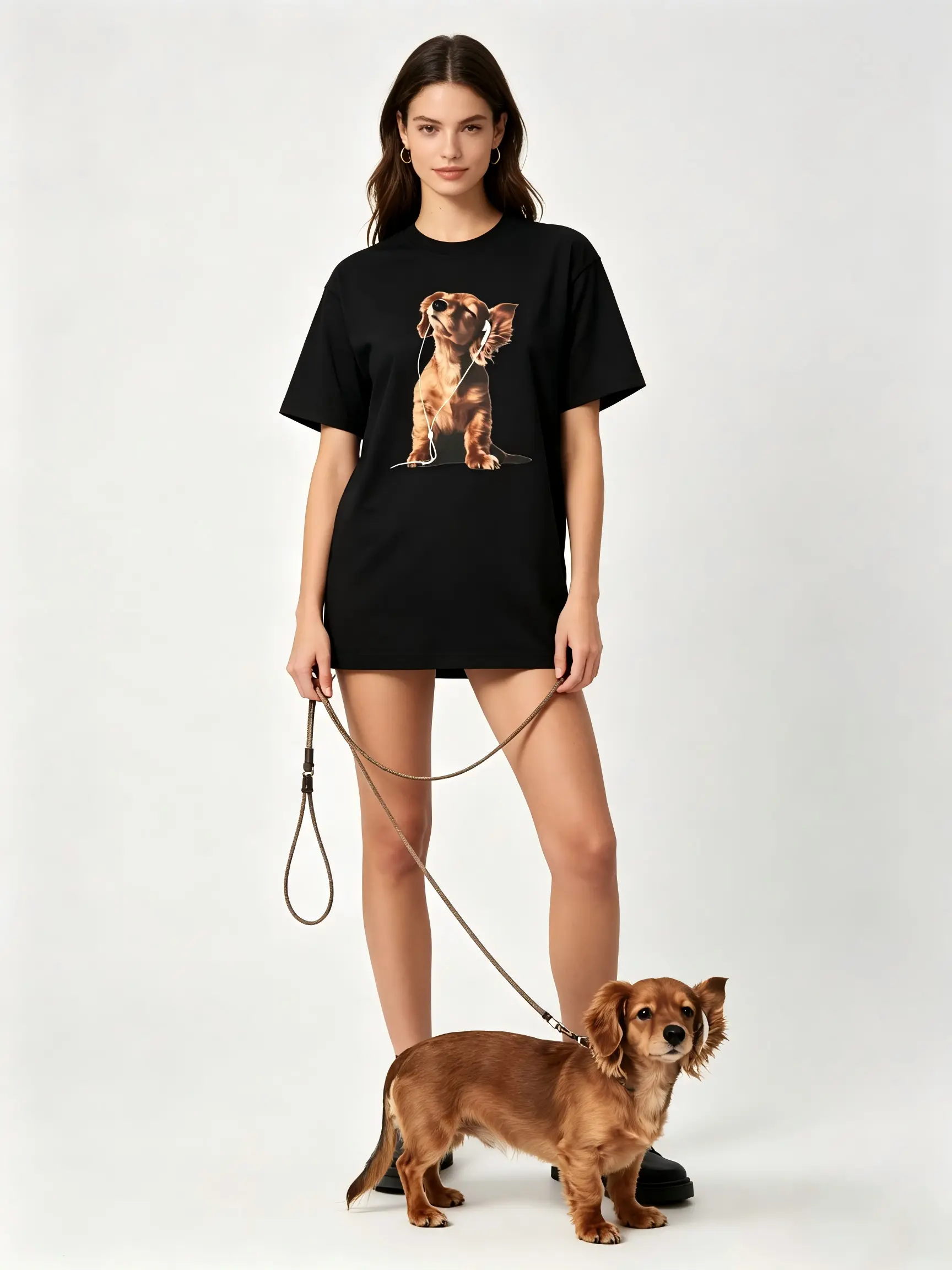 Women's Casual Unisex Round Neck Short Sleeve Tee, Cotton Puppy Print T-Shirt with Cute Dachshund & Earphones Music Graphic, Daily Fashion Womenswear Top