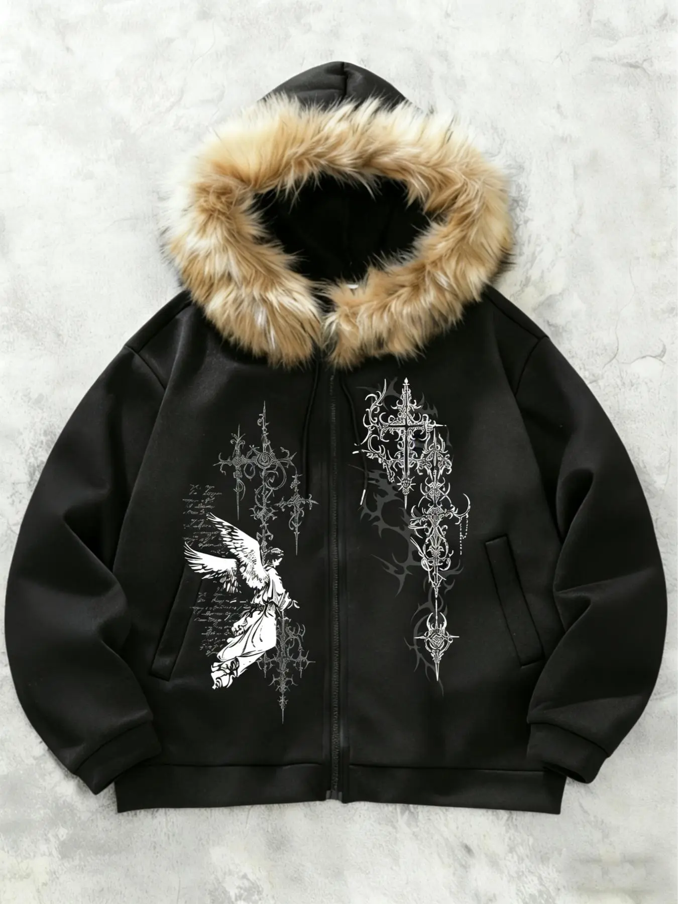 トップス 00s Fur Angel Heart Graphic Zip Hoodie Viral TikTok Graphic Hoodie, Drop Shoulder Hoodie, Faux Fur Hood +