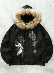 Viral TikTok Graphic Hoodie, Drop Shoulder Hoodie, Faux Fur Hood + Gothic Angel & Cross Print, Zippered Fleece-Lined Oversized Cozy Home Loungewear, Dark Gothic Aesthetic Casual Indoor Outfit, Perfect For Cozy Home Days & Casual Hangouts