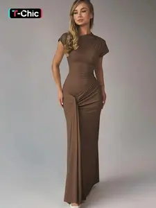 Women's Plain Knit Dress, Elegant Short Sleeve Fit Dress for Daily Outdoor Wear, Ladies Clothes for Summer