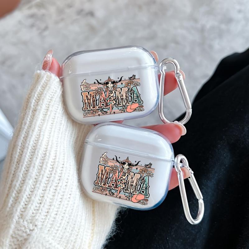 Western MAMA Pattern TPU Soft Protective Case for Apple AirPods 4/3/2/1/Pro/Pro2 Transparent Earphone Cover with Keychain Attachment