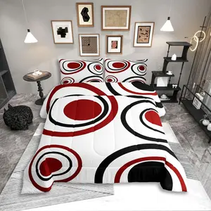 Red Black Circles Bedding Set,for Adult Women Men Striped Abstract Comforter Set,Modern Geometric Quilt Duvet Set,Minimalism Lines Boho Simple Art Bedding Collections