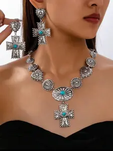 Vintage Boho Style Textured Carving Heart/cross Pendant, Turquoise Inlay Women Matching Elegant Jewelry Set, Necklace and Earrings, Daily Wear Western Charm