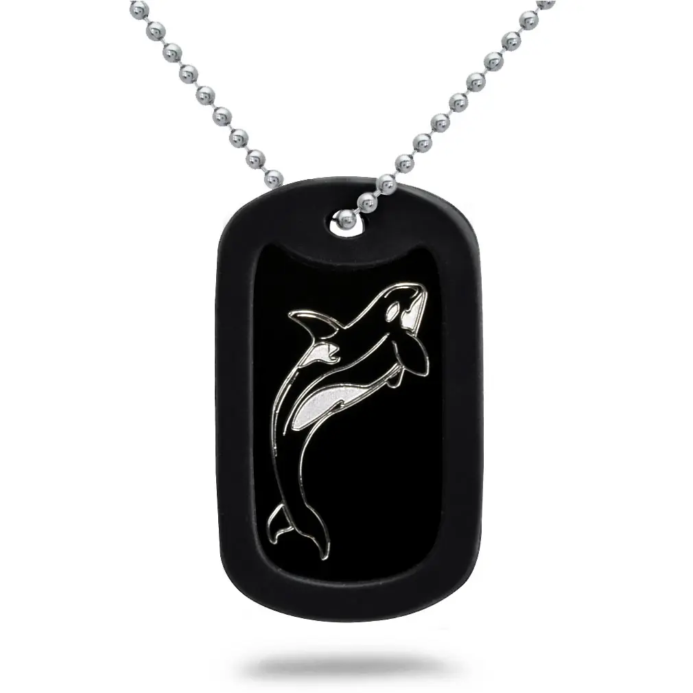 Orca Dolphin Stingray Aluminum Dog Tag Necklace Engraved Sea Creatures 24 Inches Stainless Steel Chain Necklace AN172