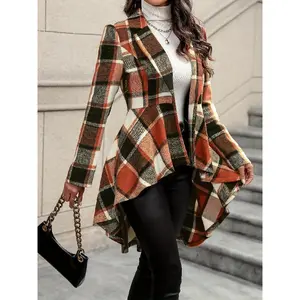 Plaza pattern button front jacket, elegant long sleeve high-low flare jacket Fall & Winter, WOMEN'S clothing