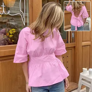 Summer Backless Short Sleeve T-shirt with Back-tied Design Fashion Bat Sleeve Top for Women - Pink, Cotton Fabric, Fitted