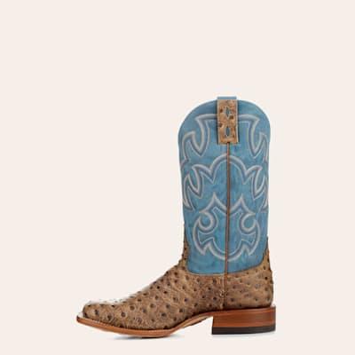 Cavender's Men's Endurance Blue and Sand Ostrich Print Wide Square Toe Cowboy Boots