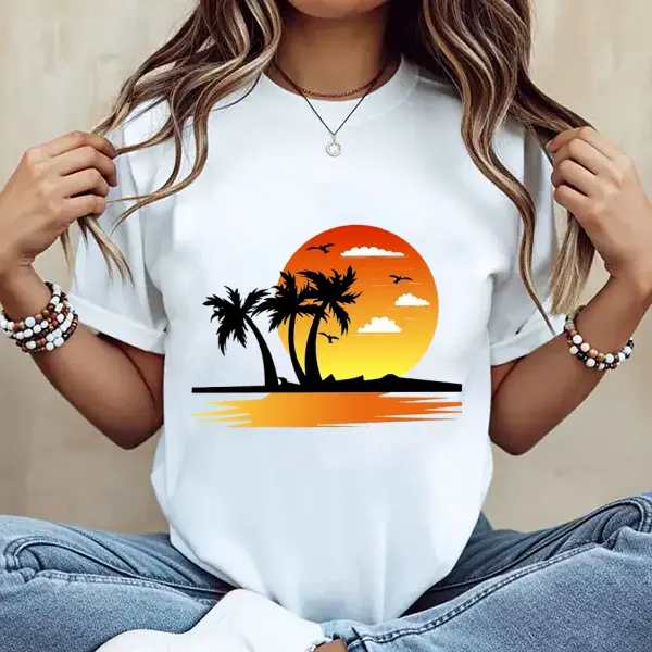 Women’s Crew Neck T-Shirt Retro Gradient Sunset Palm Tree Island Silhouette Print Casual Short Sleeve Summer Beach Tee