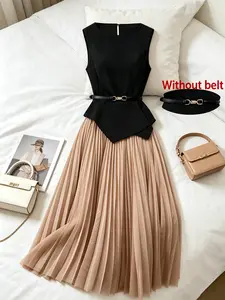 Two piece set of women's fashionable Chic French light luxury style sleeveless vest+mesh large swing skirt [excluding belt] waist cinching slimming temperament set, suitable for summer, daily work, business meetings, dinners, birthday parties